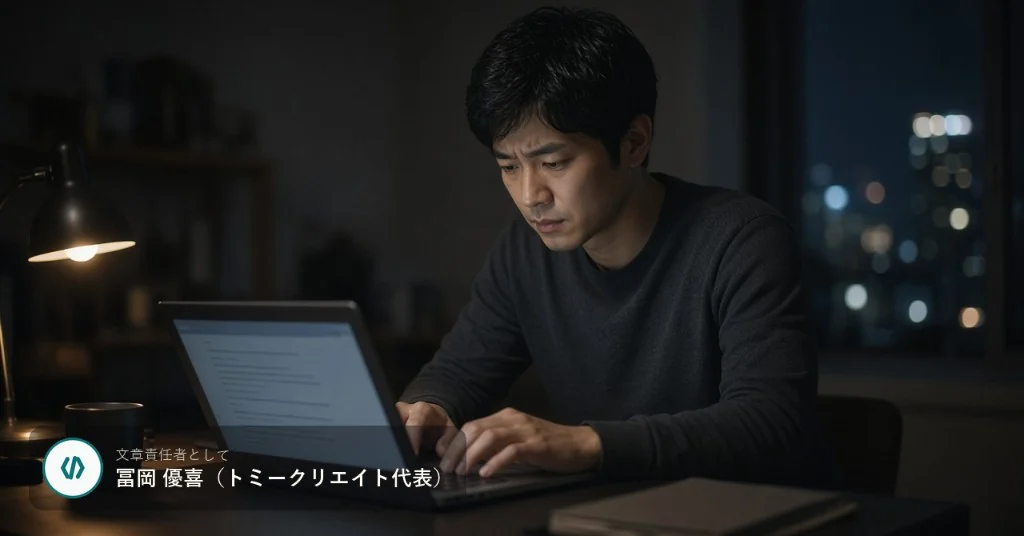 深夜のデスクでノートパソコンに向かう男性。左下に文章責任者として冨岡優喜（トミークリエイト代表）の表示