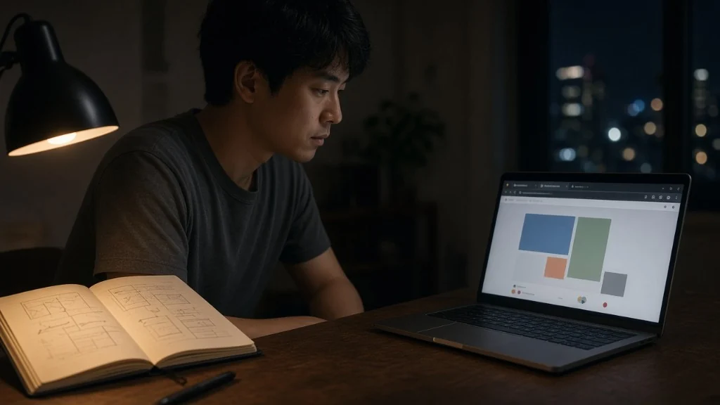 開いたノートのスケッチを見ながら、パソコン画面のWebサイトを確認している人