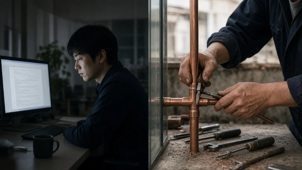 左側はパソコンに向かうデスクワーク、右側は銅管を工具で直している現場作業の対比