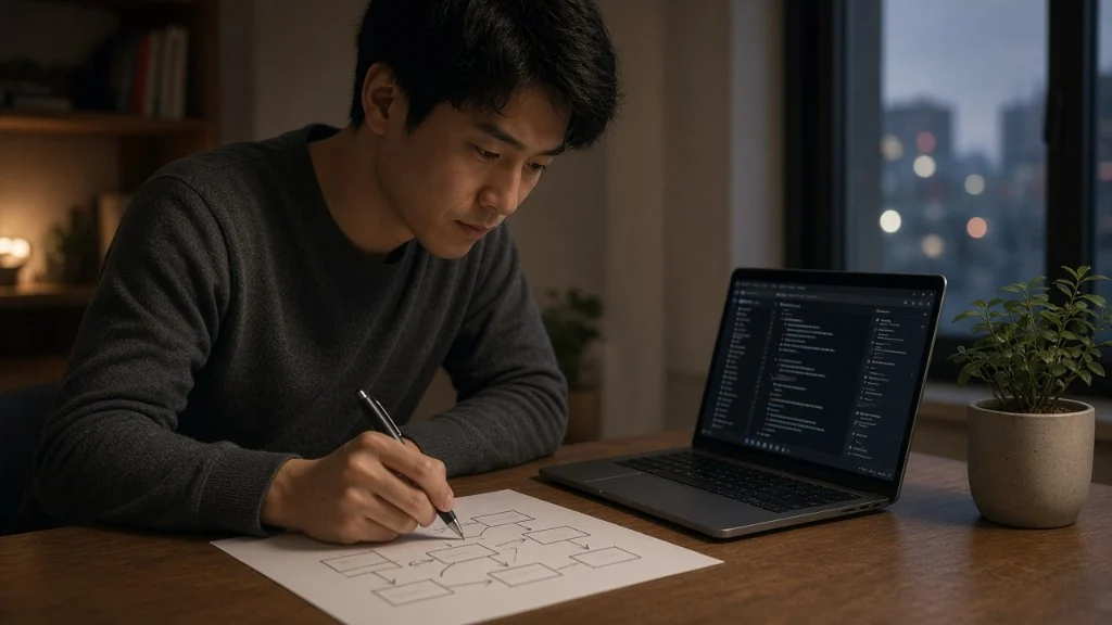 紙にサービスの構成を描き、隣のパソコンでは作業画面が動いている人