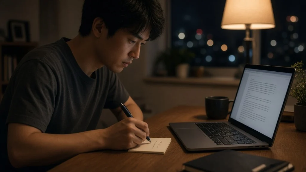 パソコンに整った文章が表示された横で、ノートに自分の文を手で書き足している人
