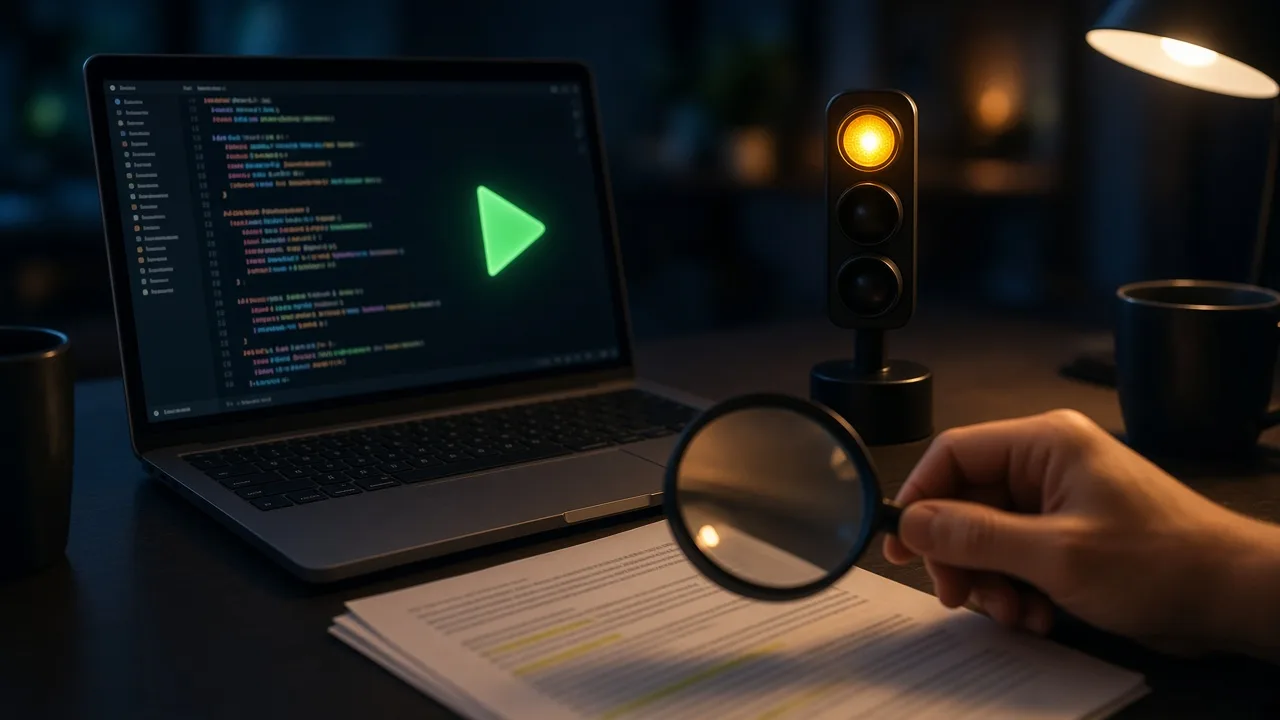 夜の机の上で、AIが書いたコードが表示されたノートPCの実行ボタンの手前に、黄色く光る信号機の置物がある。手前では、虫眼鏡で規約の書類を確認している手