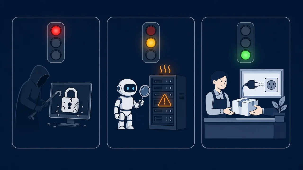 3つの信号機のイラスト。赤は不正にログインしようとする黒いフードの人物、黄色は虫眼鏡を持つロボットと負荷で警告が出たサーバー、緑は公式の窓口で荷物を受け取る場面