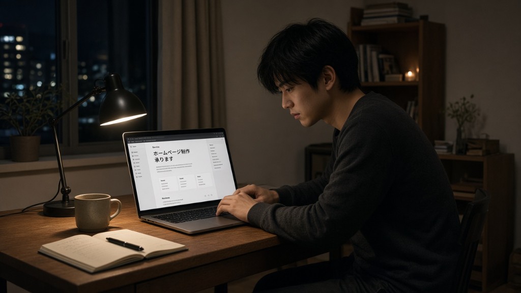 夜のデスクでノートパソコンに向かい、ホームページ制作の画面を開いている人