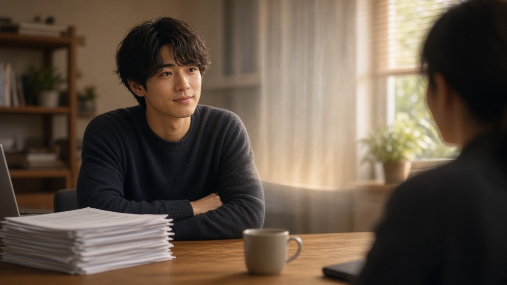契約書の束を脇に置き、テーブル越しに相手と向き合う人。プラットフォームが間に入る安心感のイメージ
