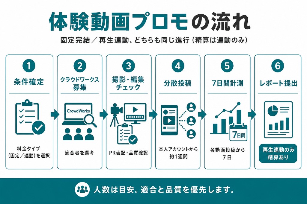 体験動画プロモの流れ。条件確定→クラウドワークス募集→撮影編集チェック→分散投稿→7日間計測→レポート提出