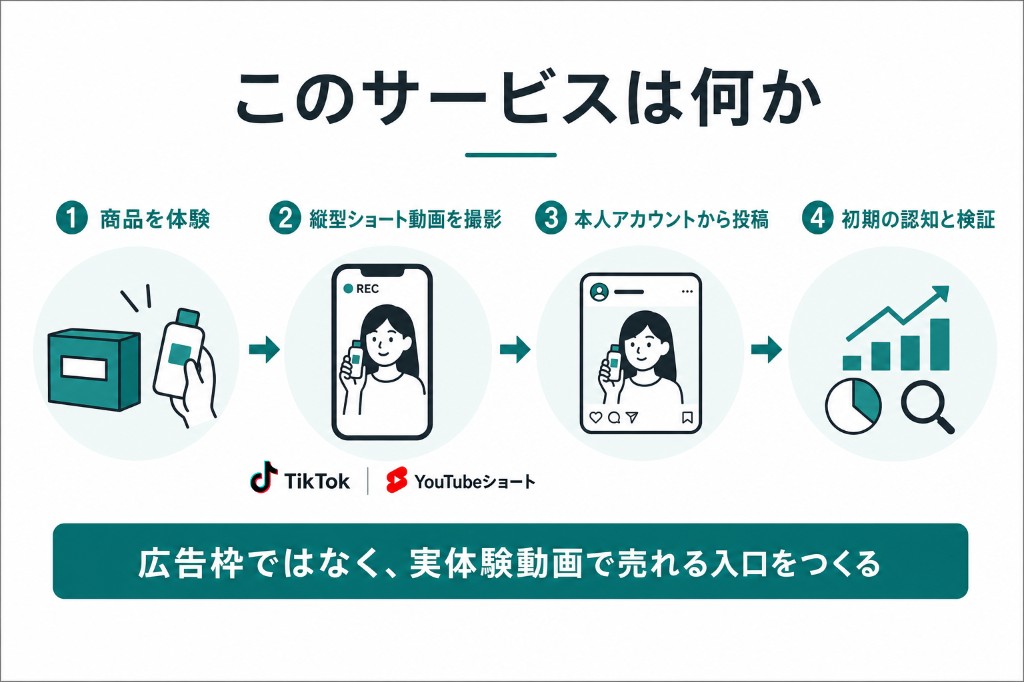 体験→縦型ショート撮影→本人アカウント投稿→初期の認知と検証。広告枠ではなく実体験動画で売れる入口をつくる