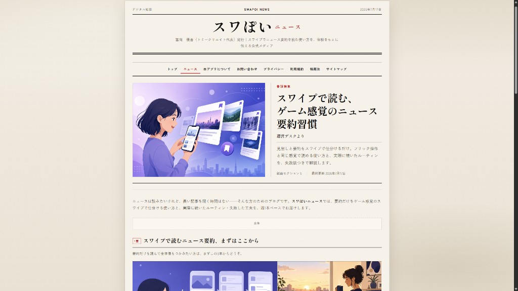 スワぽいニュースの解説ブログ。デジタル新聞風のトップと、スワイプで読む習慣の紹介