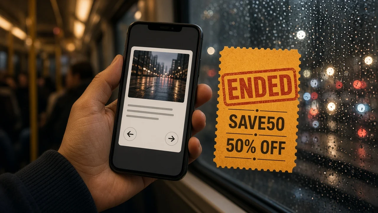 雨の夜の電車で、スマホのニュースカードを開く手。横には「SAVE50」「50% OFF」と書かれ、「ENDED」のスタンプが押されたクーポンが浮かんでいる