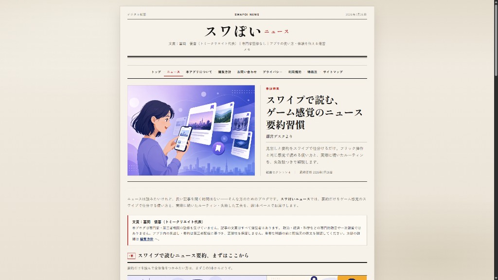 スワぽいニュースのブログ。デジタル紙面風のトップとスワイプで読むニュース要約の紹介